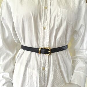 Talbots dark navy blue genuine leather skinny belt with gold tone hardware